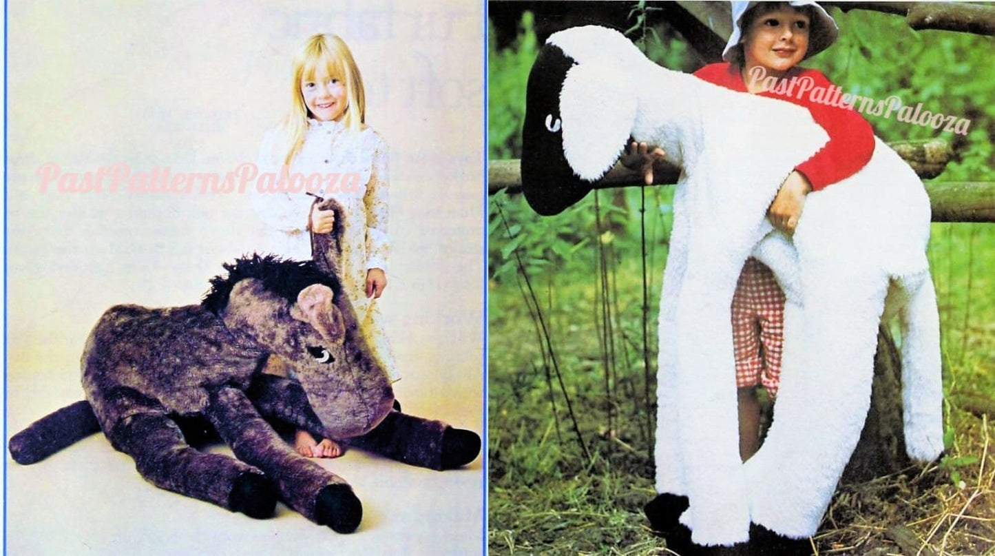 Vintage Sewing Pattern 36" Giant Lamb and Donkey Stuffed Animals Fur Fabric Soft Toys PDF Instant Digital Download Sewn Jumbo Farm Dolls