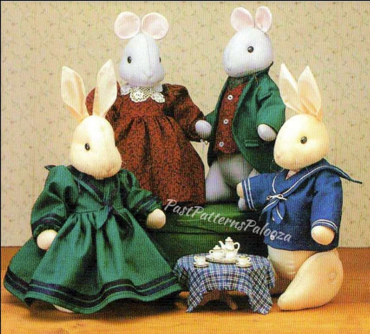 Vintage Sewing Pattern 14" Old Fashioned Fabric Bunnies Mice Ladies Gents Soft Sculpture Toy Dolls PDF Instant Digital Download