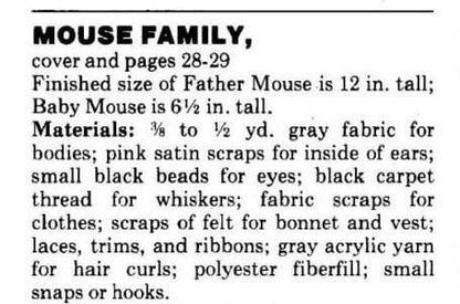 Vintage Sewing Pattern 6-12" Fabric Country Mouse Family Soft Sculpture Toy Dolls PDF Instant Digital Download Plush Sewn Mice