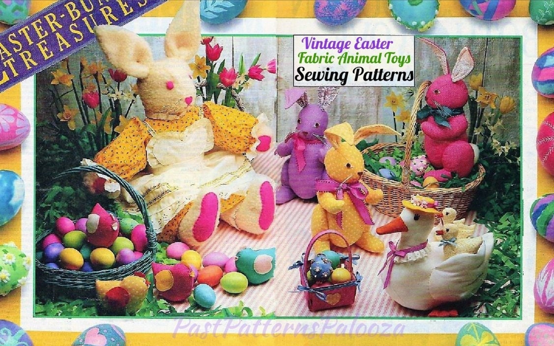 Vintage Sewing Patterns Easter Toys 34" Pinafore Bunny Doll 16" Calico Fabric Bunnies 9" Bonnet Duck 3" Ducklings PDF Instant Download