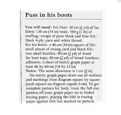 Vintage Sewing Pattern 24" Puss In Boots Soft Doll Plush Faux Fur Fabric PDF Instant Digital Download Stuffed Kitty Cat Soft Toy