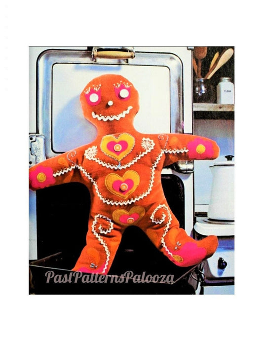 Vintage Christmas Sewing Pattern 31" Applique Gingerbread Man Velour Fabric Soft Sculpture Doll PDF Instant Digital Download