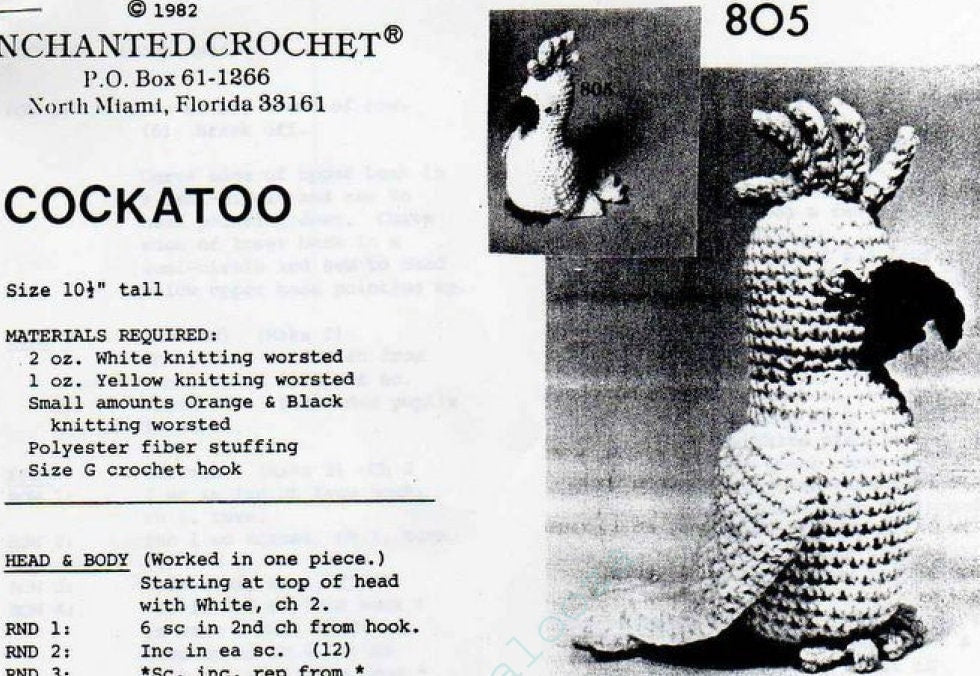 Vintage Crochet Pattern 10" Cockatoo Pet Bird Doll PDF Instant Digital Download Yellow White Parrot Amigurumi Plush Soft Toy 10 Ply