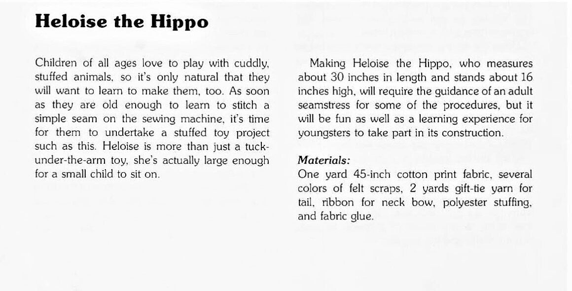 Vintage Sewing Pattern 30" Heloise Hippo Groovy Mod Soft Toy Doll Cotton Print Fabric PDF Instant Digital Download Sewn Funky Stuffed Animal