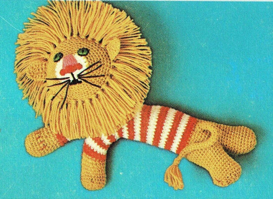 Vintage Crochet Pattern 11" Lion With Striped Sweater Soft Toy PDF Instant Digital Download 1970s Amigurumi Lion Big Cat Doll 10 Ply
