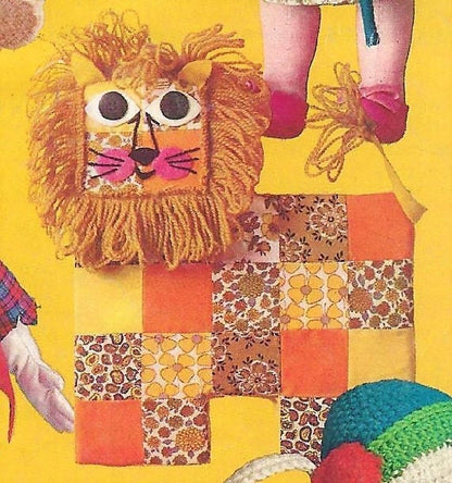 Vintage Sewing Pattern 12" Retro Patchwork Lion Pillow Soft Toy Doll Cushion PDF Instant Digital Download Funky Boho Mod Stuffed Toy