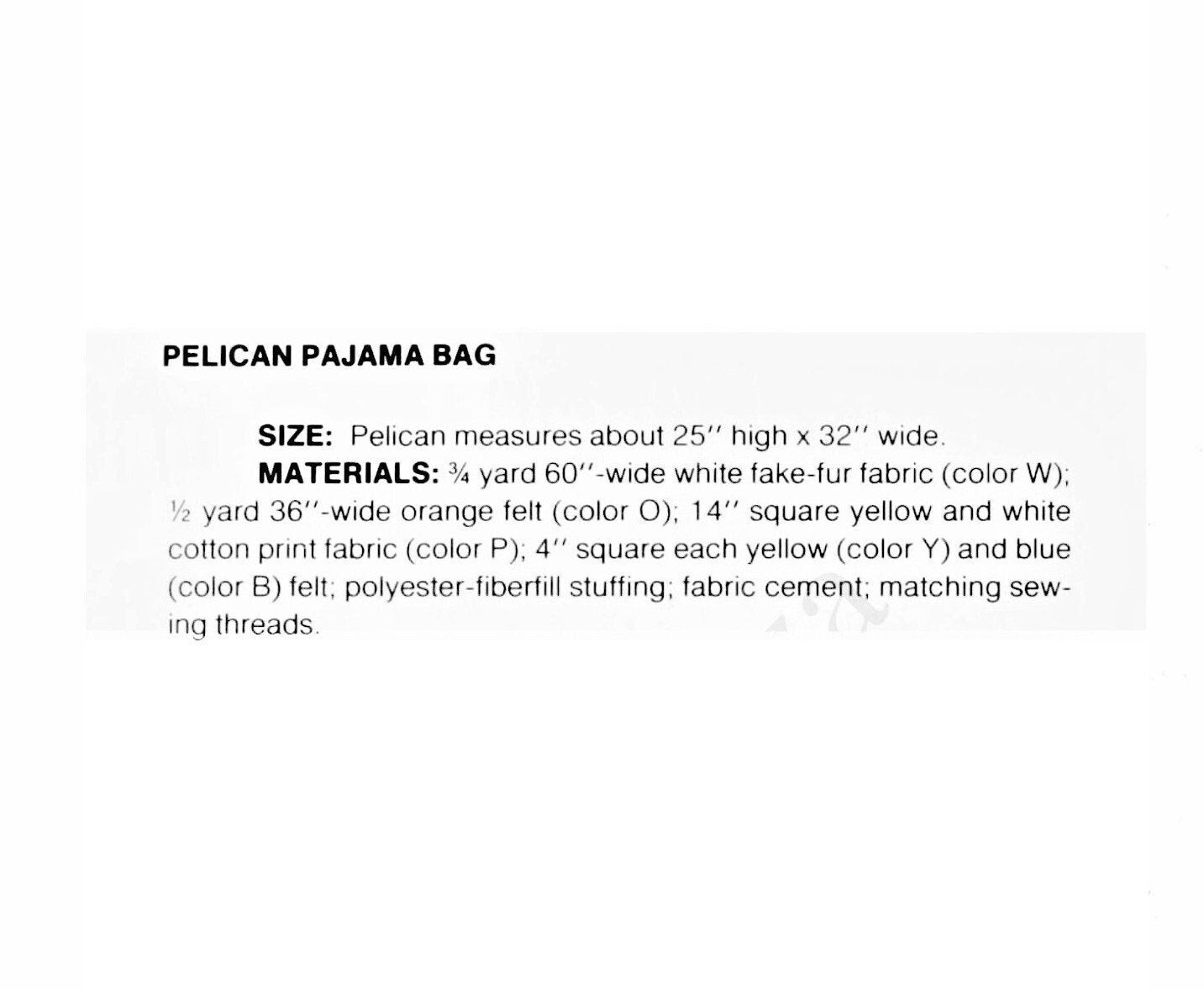 Vintage Sewing Pattern 25" Furry Pelican Soft Toy Doll Pajama Bag or Pillow PDF Instant Digital Download Faux Fur Fabric