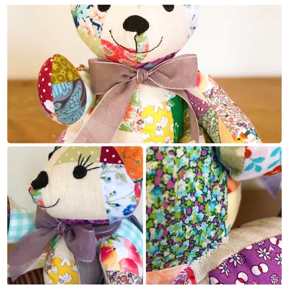 Vintage Sewing Pattern 12" Pastel Patchwork Fabric Teddy Bear PDF Instant Digital Download Soft Stuffed Non Jointed Toy Babys First Bear