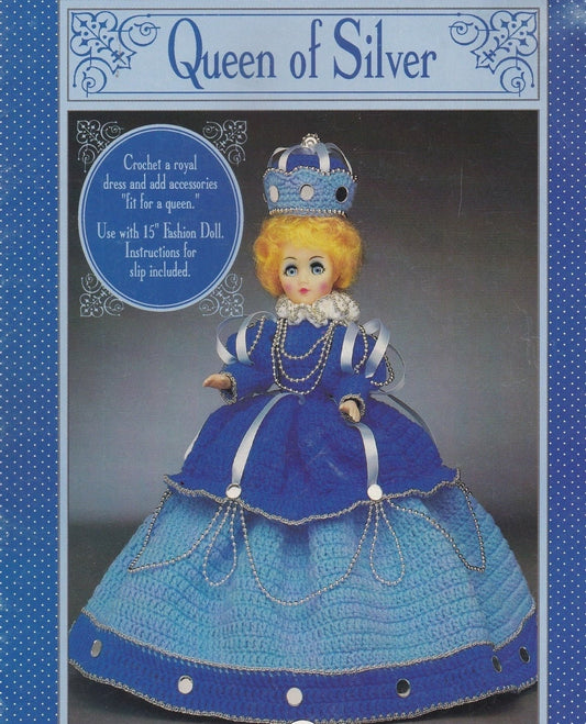 Vintage Bed Doll Crochet Pattern Queen of Silver 15 inch Fashion Doll PDF Instant Digital Download Royal Blue Gown Crown Retro 10 Ply