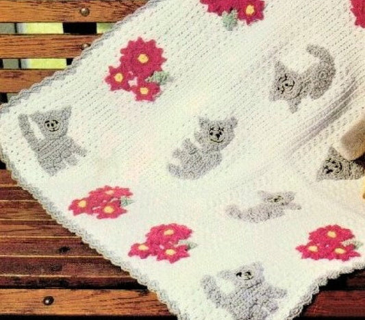 Vintage Crochet Pattern Cats and Flowers Baby Blanket Afghan PDF Instant Digital Download Crib Cot Cover Applique Kittens 30x39 10 Ply