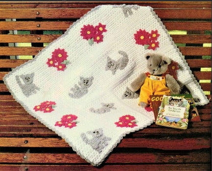 Vintage Crochet Pattern Cats and Flowers Baby Blanket Afghan PDF Instant Digital Download Crib Cot Cover Applique Kittens 30x39 10 Ply