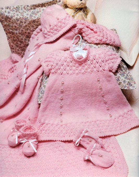 Vintage Knitting Pattern Baby Rosebud Layette Set Matinee Jacket Dress Bonnet Booties Mittens Shawl PDF Instant Download Newborn to 6m 4 Ply
