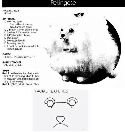 Vintage Crochet Pattern 8" Pekingese Dog PDF Instant Digital Download Purebred Puppy Amigurumi Plush Stuffed Soft Toy 10 Ply