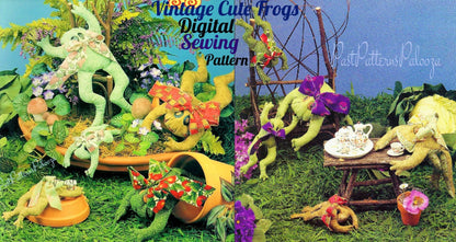 Vintage Sewing Pattern Cute Girl Hairbow Frogs Soft Toys 2 Sizes PDF Instant Digital Download Sewn Stuffed Froggies Beanies Button Eyes