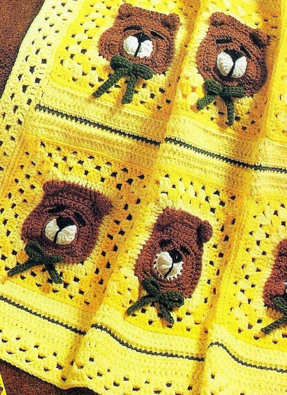 Vintage Crochet Sleepy Teddy Bears Baby Afghan Blanket PDF Instant Digital Download Bear Head Granny Squares 36x38 10 Ply