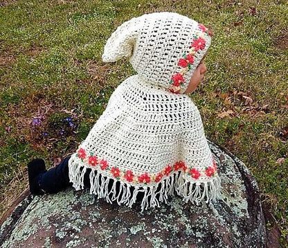 Vintage Crochet Precious Baby Girl Poncho with Hood Pattern Embroidered Flowers PDF Instant Digital Download Retro Hooded Girls Cape 12-18m