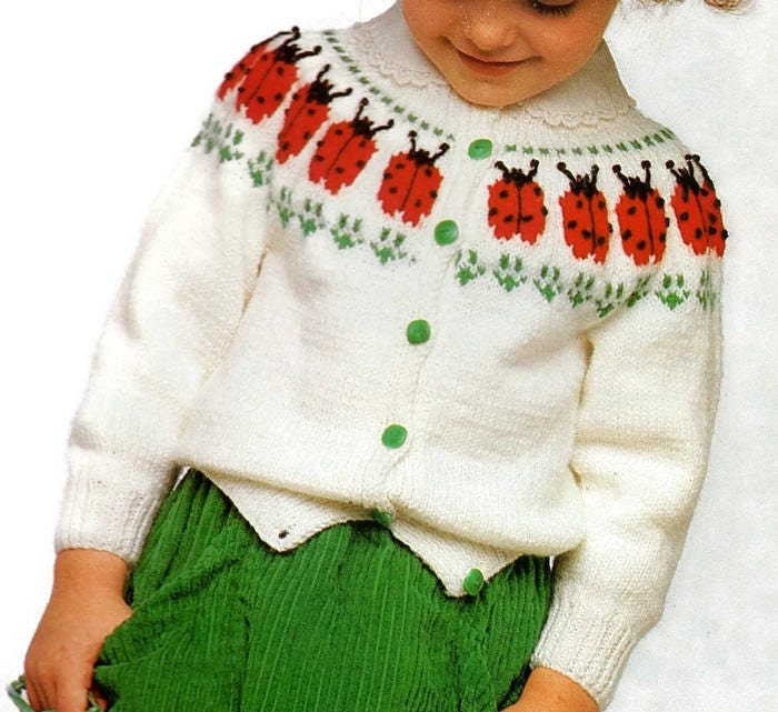 Vintage Baby Toddler Kids Knit Ladybug Sweater Knitting Pattern PDF Instant Digital Download Retro Ladybug Motif Cardigan Sweater 12m - 4T