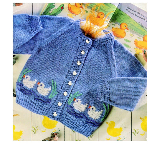 Vintage Knitting Pattern Baby Toddlers Duck Motif Cardigan Sweater PDF Instant Digital Download Animal Jumper 18m - 6 yrs DK 8 Ply