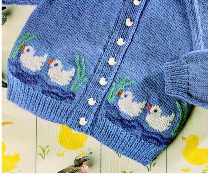 Vintage Knitting Pattern Baby Toddlers Duck Motif Cardigan Sweater PDF Instant Digital Download Animal Jumper 18m - 6 yrs DK 8 Ply