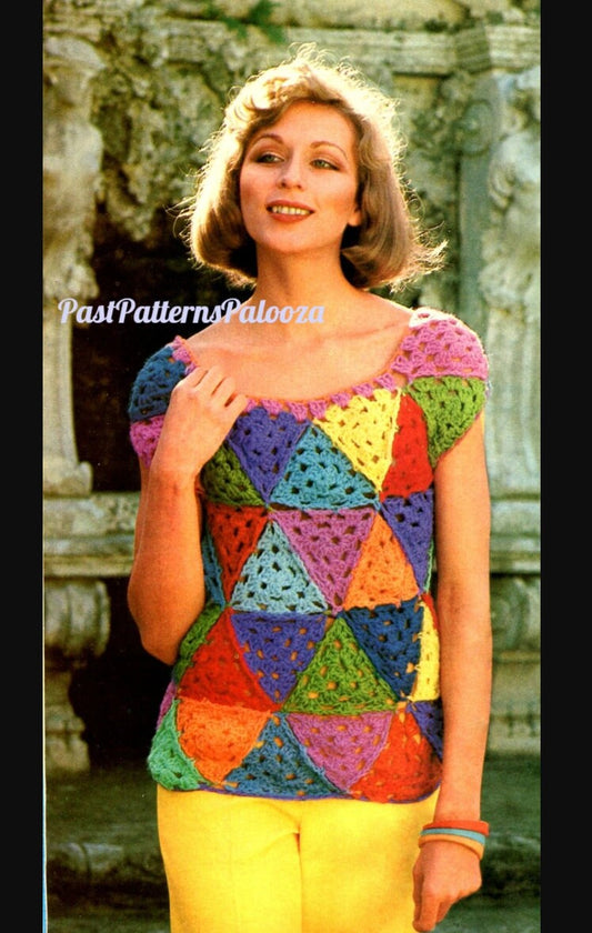 Vintage Crochet Pattern Womens Rainbow Triangles Patchwork Top PDF Instant Digital Download Retro Boho Granny Squares Hippie Jumper 5 Ply