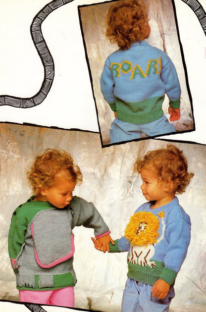 Vintage Kids Knit Safari Animal Sweaters Knitting Patterns Book PDF Instant Digital Download Zoo Pullovers Zebra Lion Giraffe Monkey 10 Ply