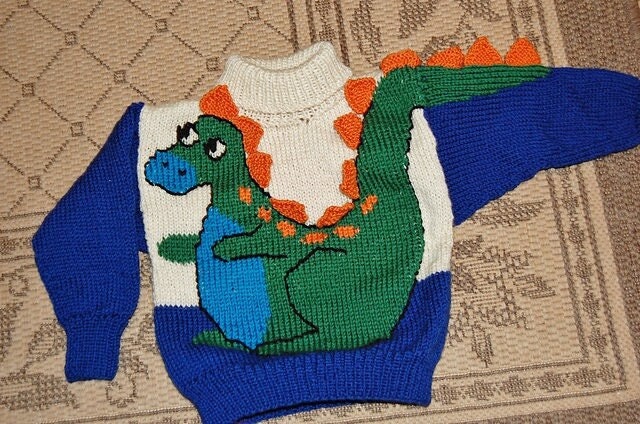 Vintage Knitting Pattern Kids Boys Dinosaur Sweater PDF Instant Digital Download Animal Dino Motif Pullover 3-D Tail Spikes 2-6 yrs 10 Ply