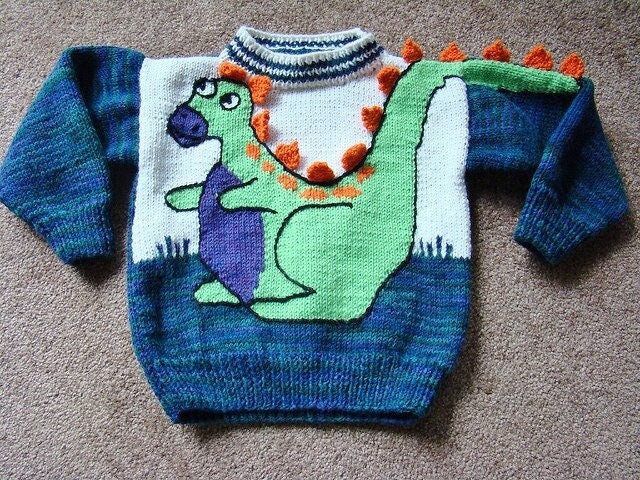 Vintage Knitting Pattern Kids Boys Dinosaur Sweater PDF Instant Digital Download Animal Dino Motif Pullover 3-D Tail Spikes 2-6 yrs 10 Ply