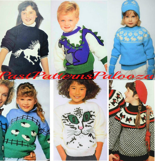 Vintage Knitting Pattern Childs Kids Knit Animal Sweaters PDF Instant Digital Download Dinosaur Sheep Cat Face Scottie Dog Jumper 10 Ply