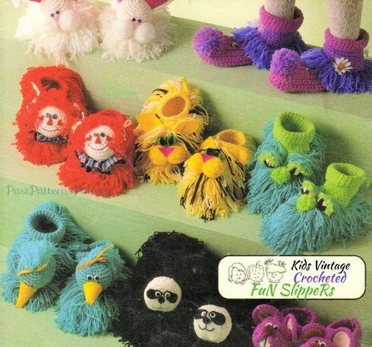 Vintage Crochet Patten Childs Kids Bunny and More Slippers Fuzzy Animals Monster Clown Designs PDF Instant Digital Download 10 Ply