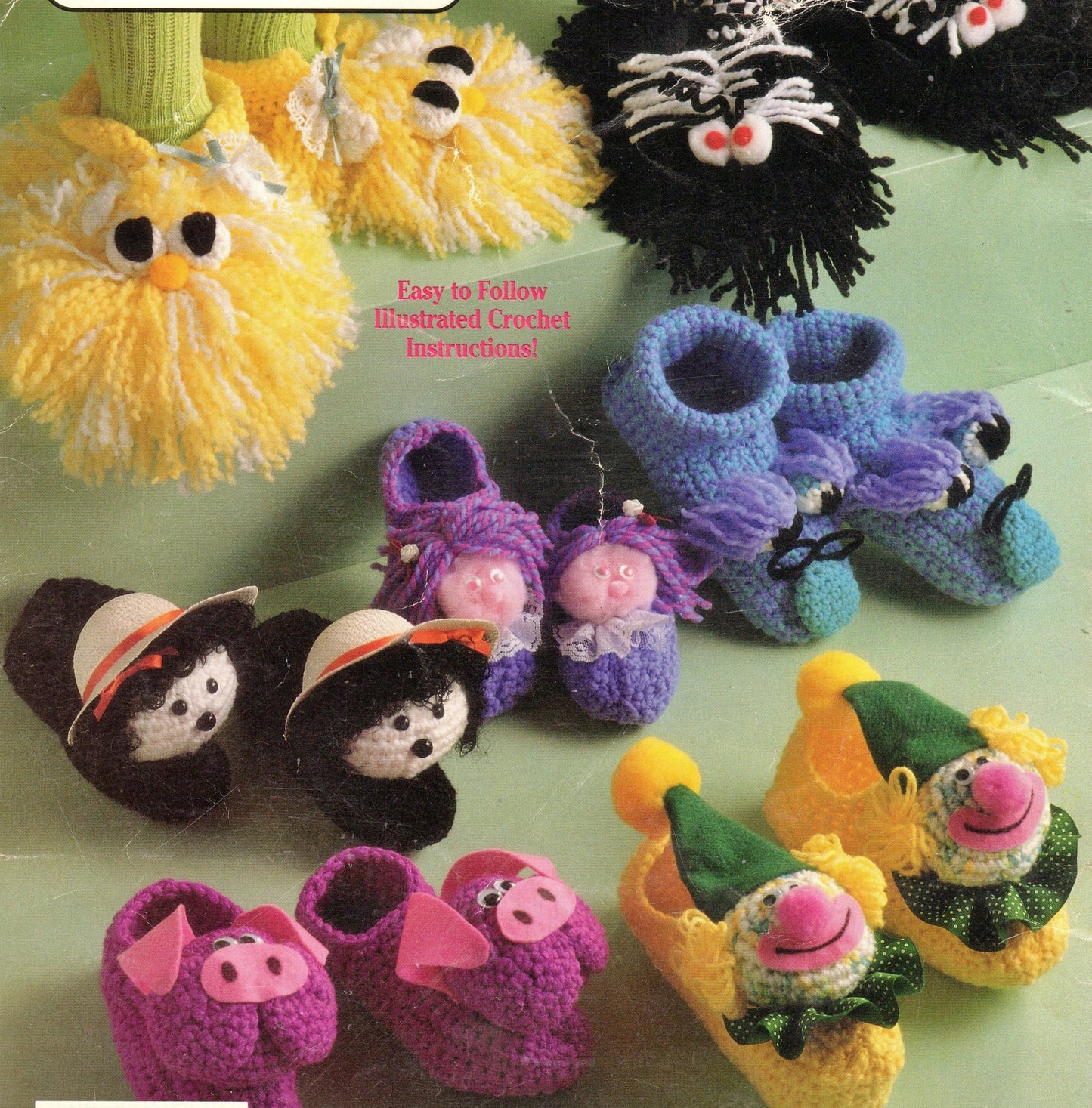 Vintage Crochet Patten Childs Kids Bunny and More Slippers Fuzzy Animals Monster Clown Designs PDF Instant Digital Download 10 Ply