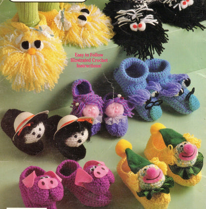 Vintage Crochet Patten Childs Kids Bunny and More Slippers Fuzzy Animals Monster Clown Designs PDF Instant Digital Download 10 Ply