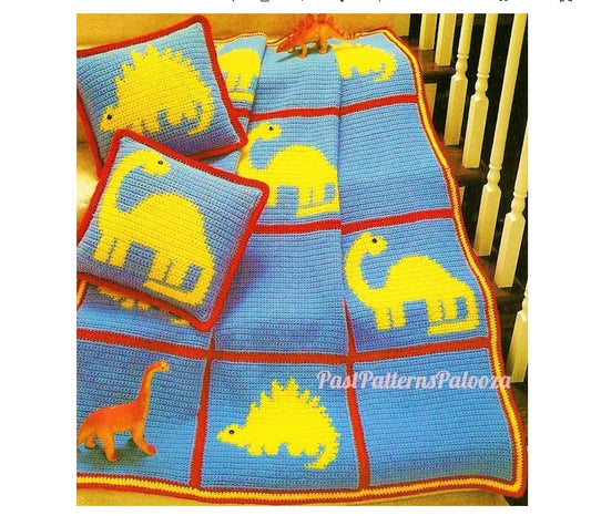 Vintage Crochet Pattern Kids Toddler Dinosaur Squares Afghan Blanket and Pillow Set PDF Instant Digital Download 37x49 10 Ply
