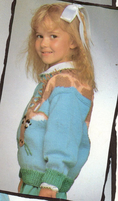 Vintage Knitting Pattern Kids Childs Knit Giraffe Pullover Sweater Jumper PDF Instant Digital Download Zoo Safari Animal 4-8 Years 10 Ply