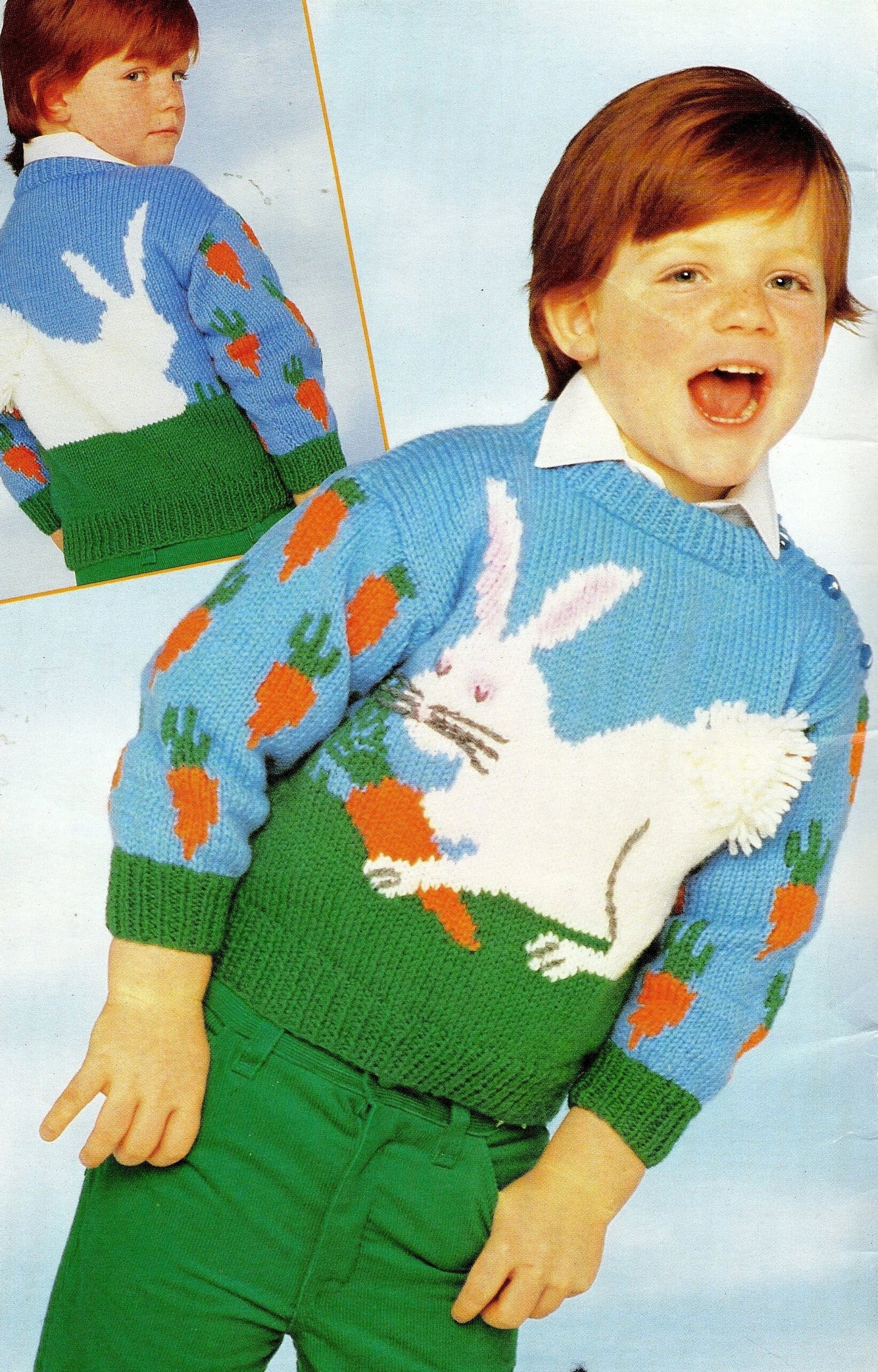 Vintage Knitting Pattern Childs Pullover Bunny Rabbit Carrots Sweater PDF Instant Digital Download Animal Motif Jumper 3-8 yrs 10 Ply