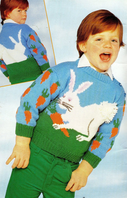Vintage Knitting Pattern Childs Pullover Bunny Rabbit Carrots Sweater PDF Instant Digital Download Animal Motif Jumper 3-8 yrs 10 Ply