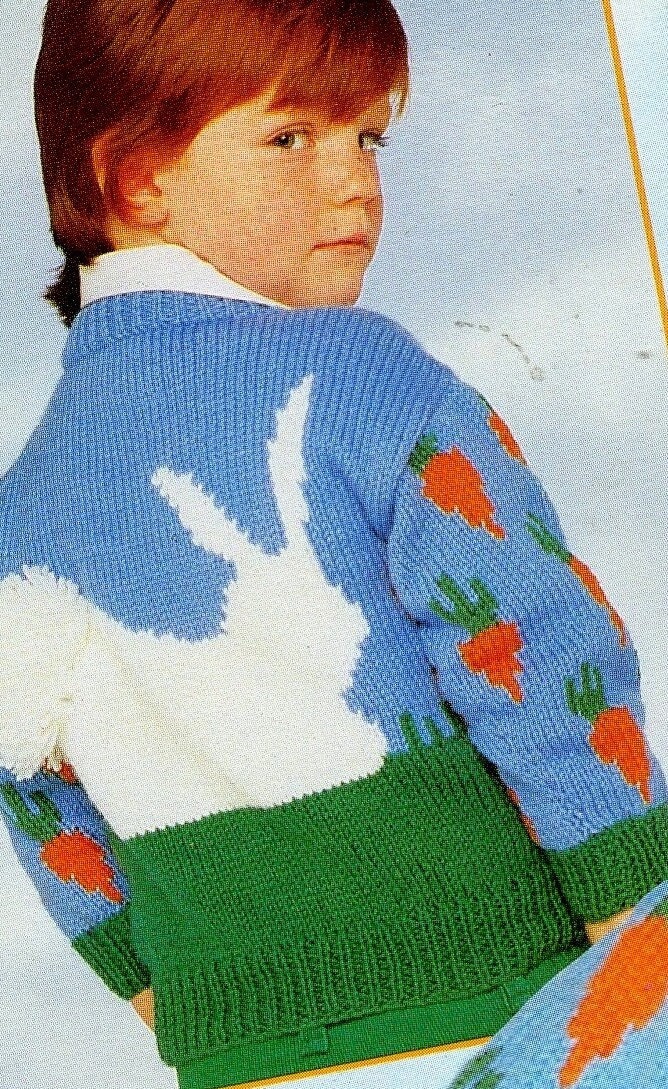Vintage Knitting Pattern Childs Pullover Bunny Rabbit Carrots Sweater PDF Instant Digital Download Animal Motif Jumper 3-8 yrs 10 Ply