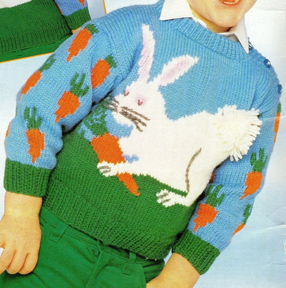 Vintage Knitting Pattern Childs Pullover Bunny Rabbit Carrots Sweater PDF Instant Digital Download Animal Motif Jumper 3-8 yrs 10 Ply