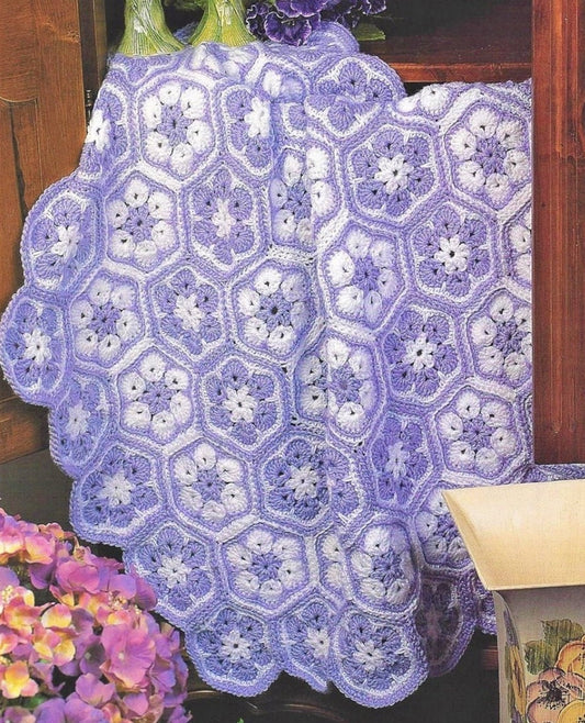 Vintage Crochet Pattern Hexagon Flower Blanket Afghan PDF Instant Digital Download Pretty Floral Throw 40x40 10 Ply
