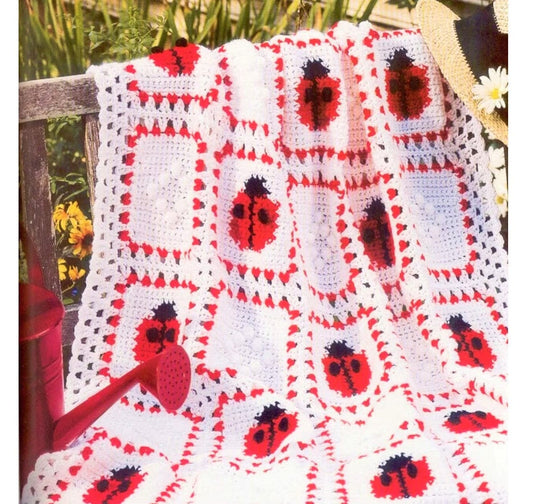 Vintage Crochet Pattern Ladybugs and Diamonds Afghan PDF Instant Digital Download Ladybug Square Motif Throw Blanket 32x44 5 Ply