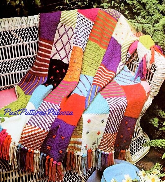Vintage Knitting Pattern Crazy Quilt Afghan Knitted Patchwork Squares Blanket PDF Instant Digital Download Embroidery Work 4 Ply