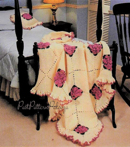 Vintage Crochet Pattern Ruffles Roses Granny Square Afghan & Pillow Set PDF Instant Digital Download Petal Rose Flowers Blanket 60x72 10 Ply