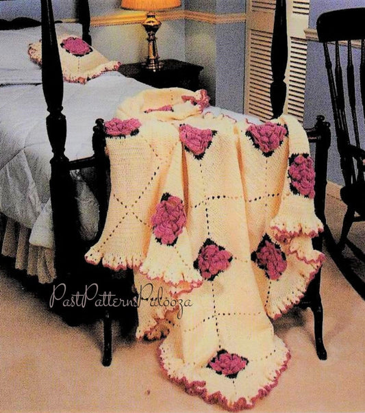 Vintage Crochet Pattern Ruffles Roses Granny Square Afghan & Pillow Set PDF Instant Digital Download Petal Rose Flowers Blanket 60x72 10 Ply