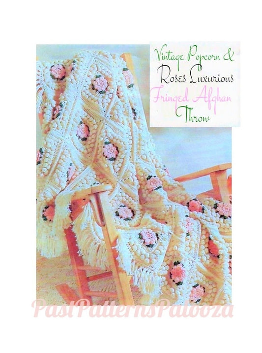 Vintage Crochet Pattern Floral Popcorn Granny Squares Afghan PDF Instant Digital Download Roses Flowers Large King Throw 81x100