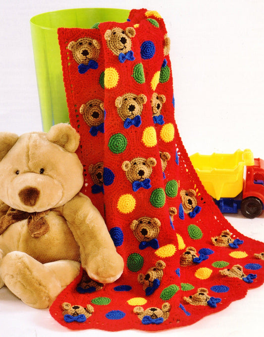 Vintage Crochet Pattern Teddy Bear Faces Motifs Afghan PDF Instant Digital Download Bears & Dots Throw Blanket 43x60 10 Ply