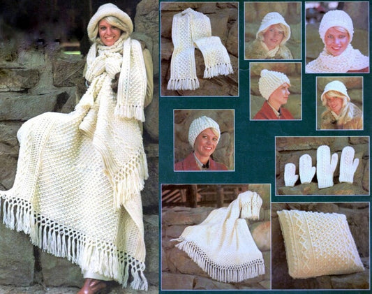 Vintage Crochet Patterns Aran Fisherman Afghan & Womens Accessories Hat Mittens Scarf Throw Pillow Set PDF Instant Digital Download 8 10 Ply