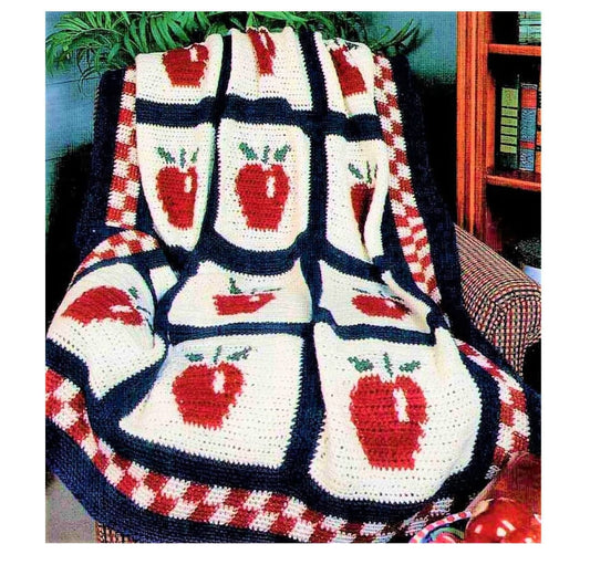 Vintage Crochet Pattern Country Apple Afghan PDF Instant Digital Download Fruit Apples Motif Blanket Throw 52x62 10 Ply