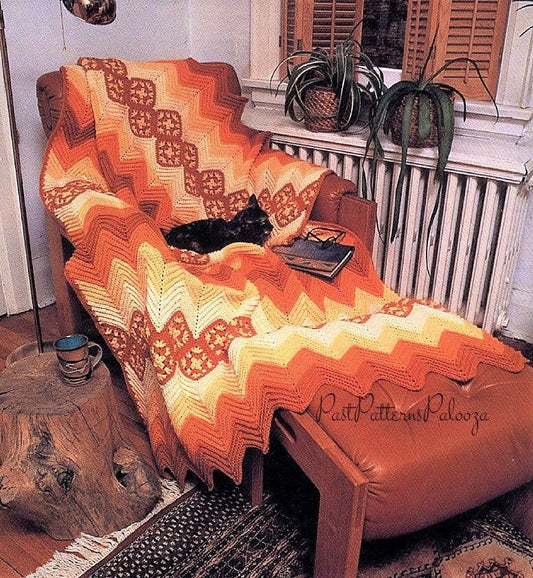 Vintage Crochet Pattern ZigZag Ripple & Granny Squares Afghan PDF Instant Digital Download Traditional Wavy Squares Blanket Chunky 12 Ply