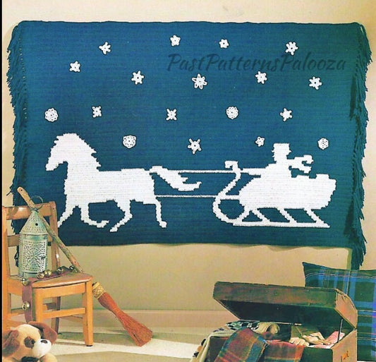 Vintage Crochet Pattern One Horse Open Sleigh Christmas Afghan Snowy Night Currier and Ives Style PDF Instant Digital Download 64x38 4 Ply