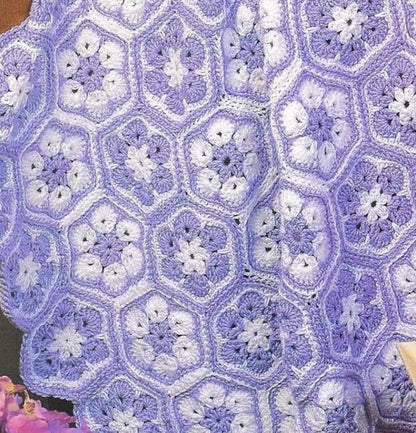 Vintage Crochet Pattern Hexagon Flower Blanket Afghan PDF Instant Digital Download Pretty Floral Throw 40x40 10 Ply