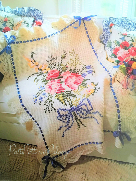 Vintage Crochet Pattern Victorian Rose Bouquet Afghan PDF Instant Digital Download Cross Stitch Nosegay Blanket 36x48 Bulky 12 Ply